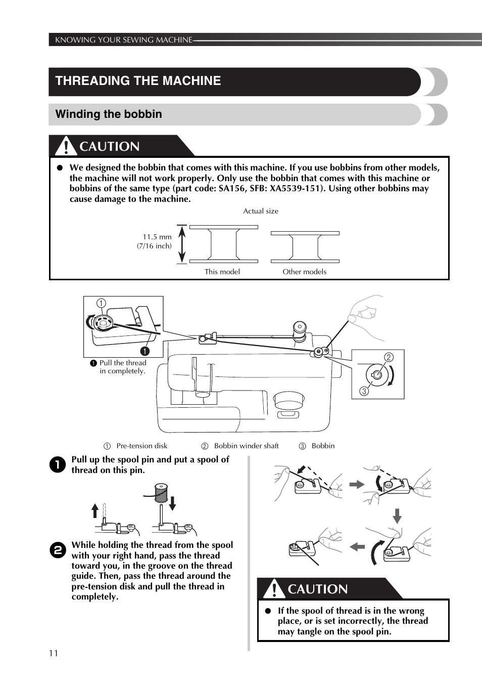 Caution, Threading the machine, Winding the bobbin | Brother JX2517 User Manual | Page 12 / 80