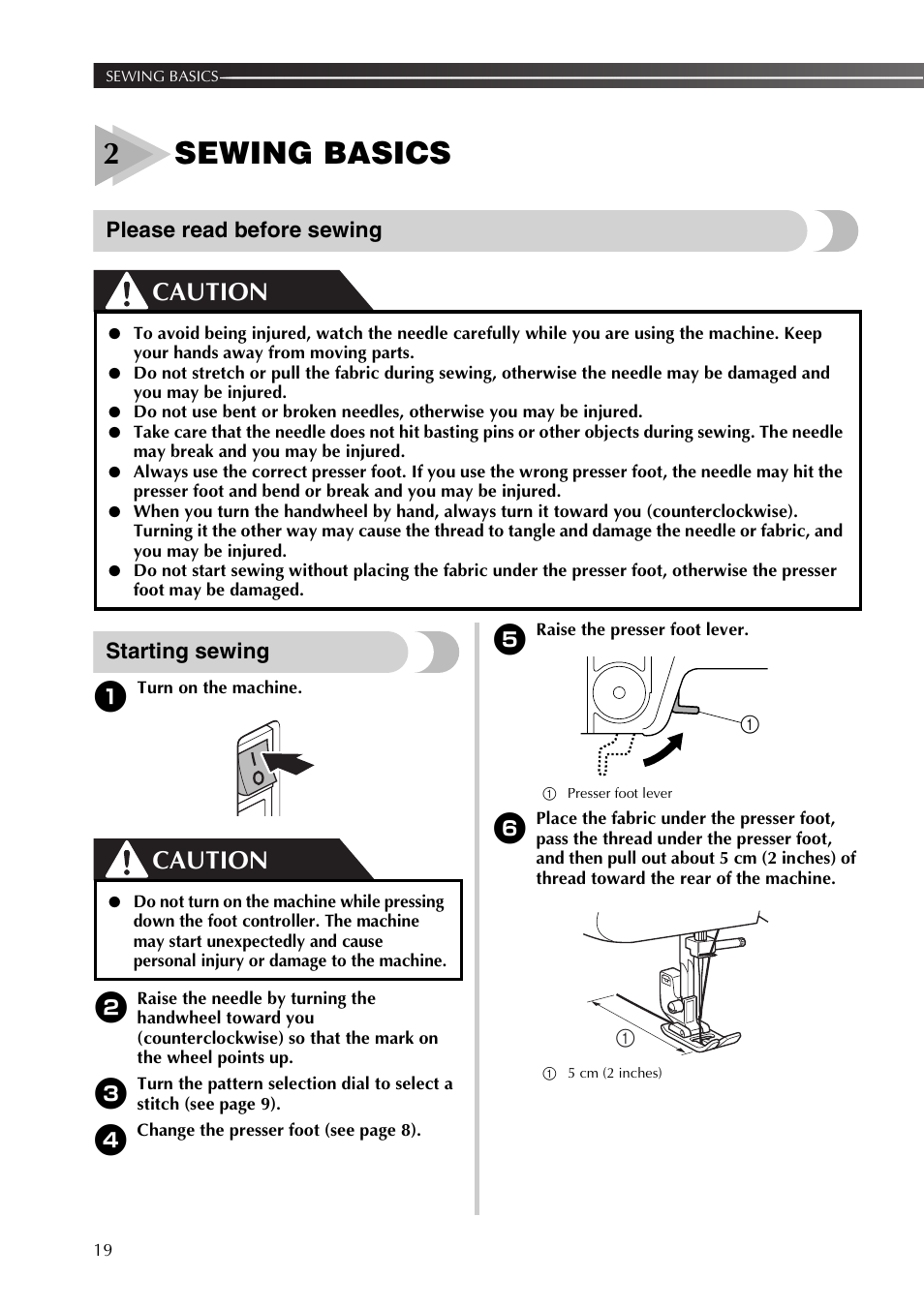 2sewing basics, Caution, Please read before sewing | Starting sewing | Brother JX2517 User Manual | Page 20 / 80