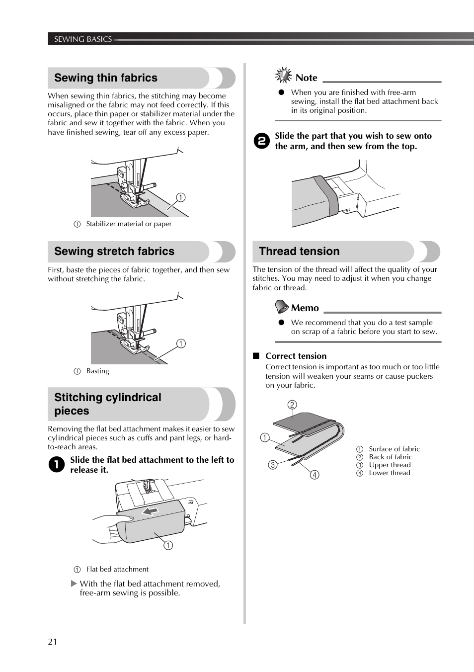 Sewing thin fabrics, Sewing stretch fabrics, Stitching cylindrical pieces | Thread tension | Brother JX2517 User Manual | Page 22 / 80