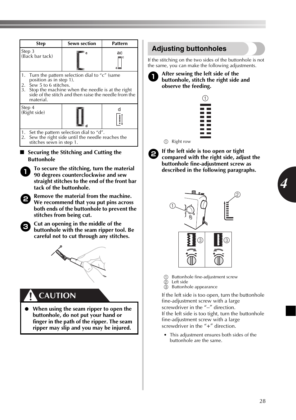 Caution, Adjusting buttonholes | Brother JX2517 User Manual | Page 29 / 80