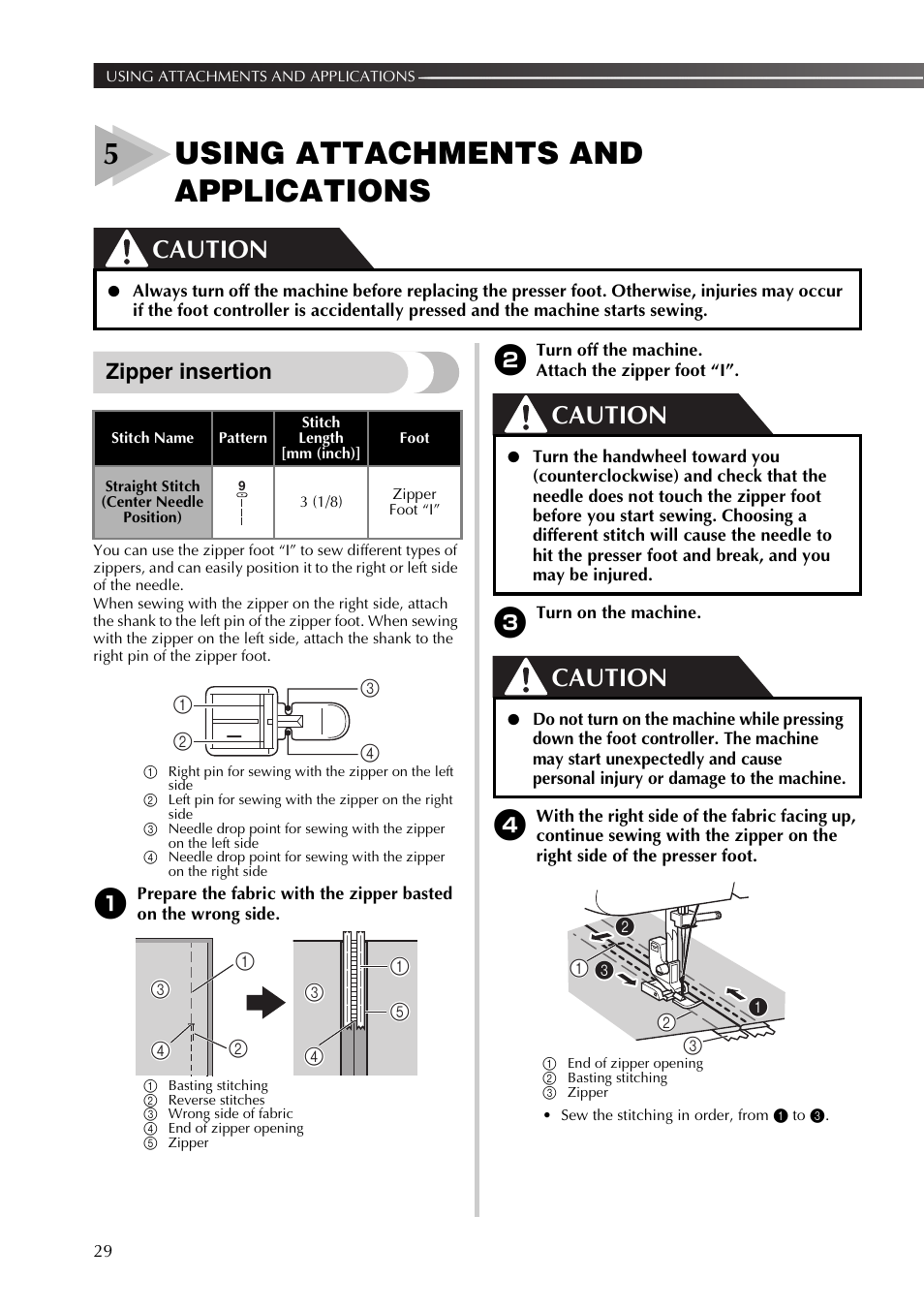 5using attachments and applications, Caution, Zipper insertion | Brother JX2517 User Manual | Page 30 / 80