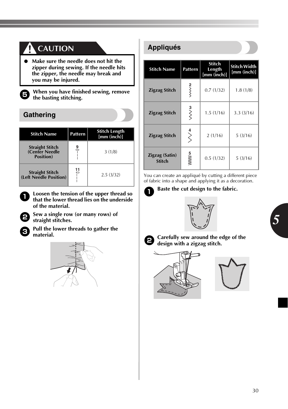 Caution, Gathering, Appliqués | Brother JX2517 User Manual | Page 31 / 80
