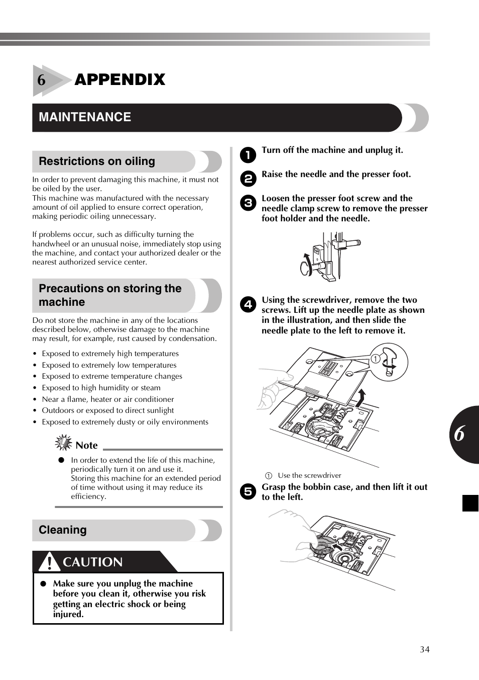 6appendix, Caution, Maintenance | Restrictions on oiling, Precautions on storing the machine, Cleaning | Brother JX2517 User Manual | Page 35 / 80