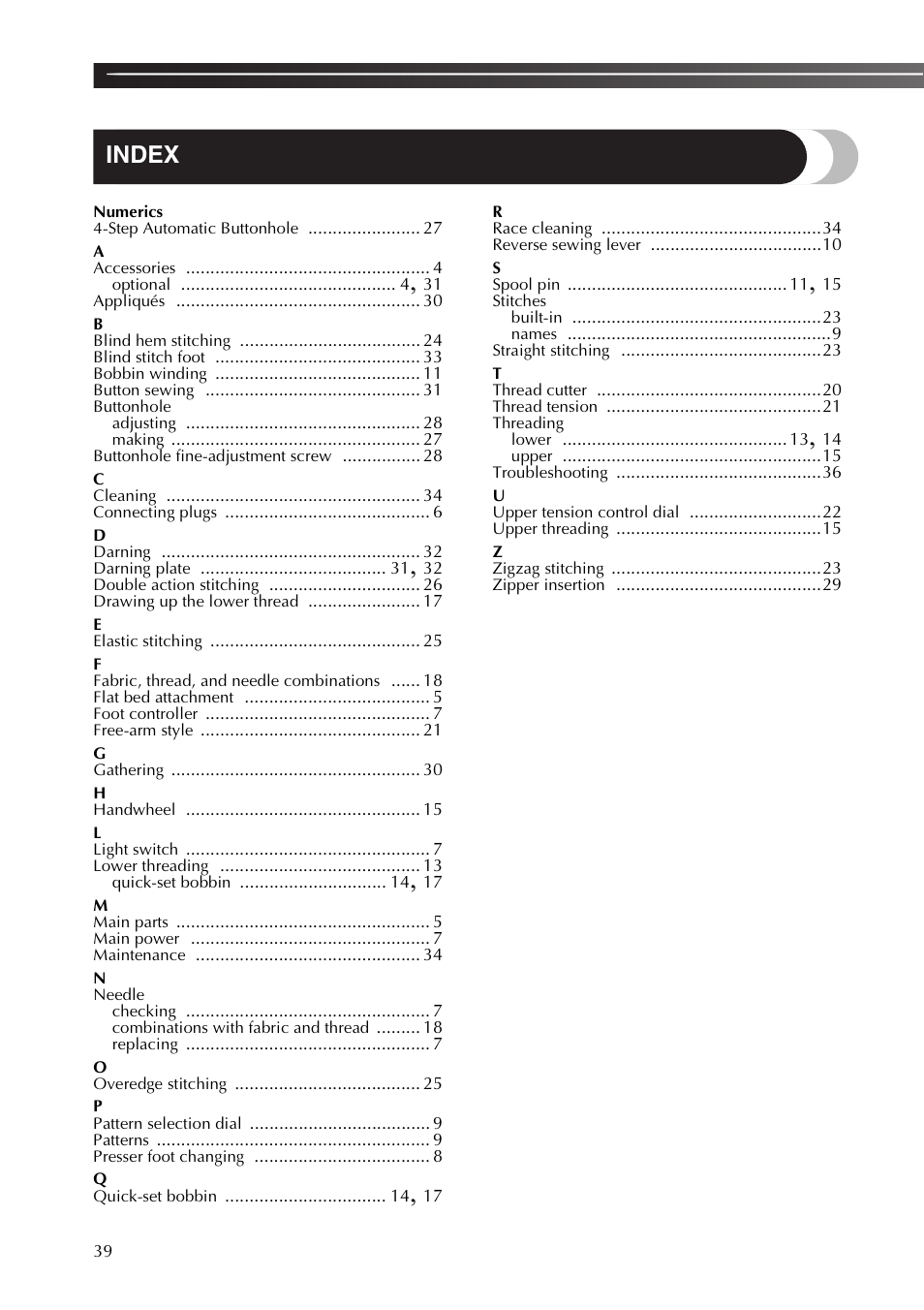 Index | Brother JX2517 User Manual | Page 40 / 80