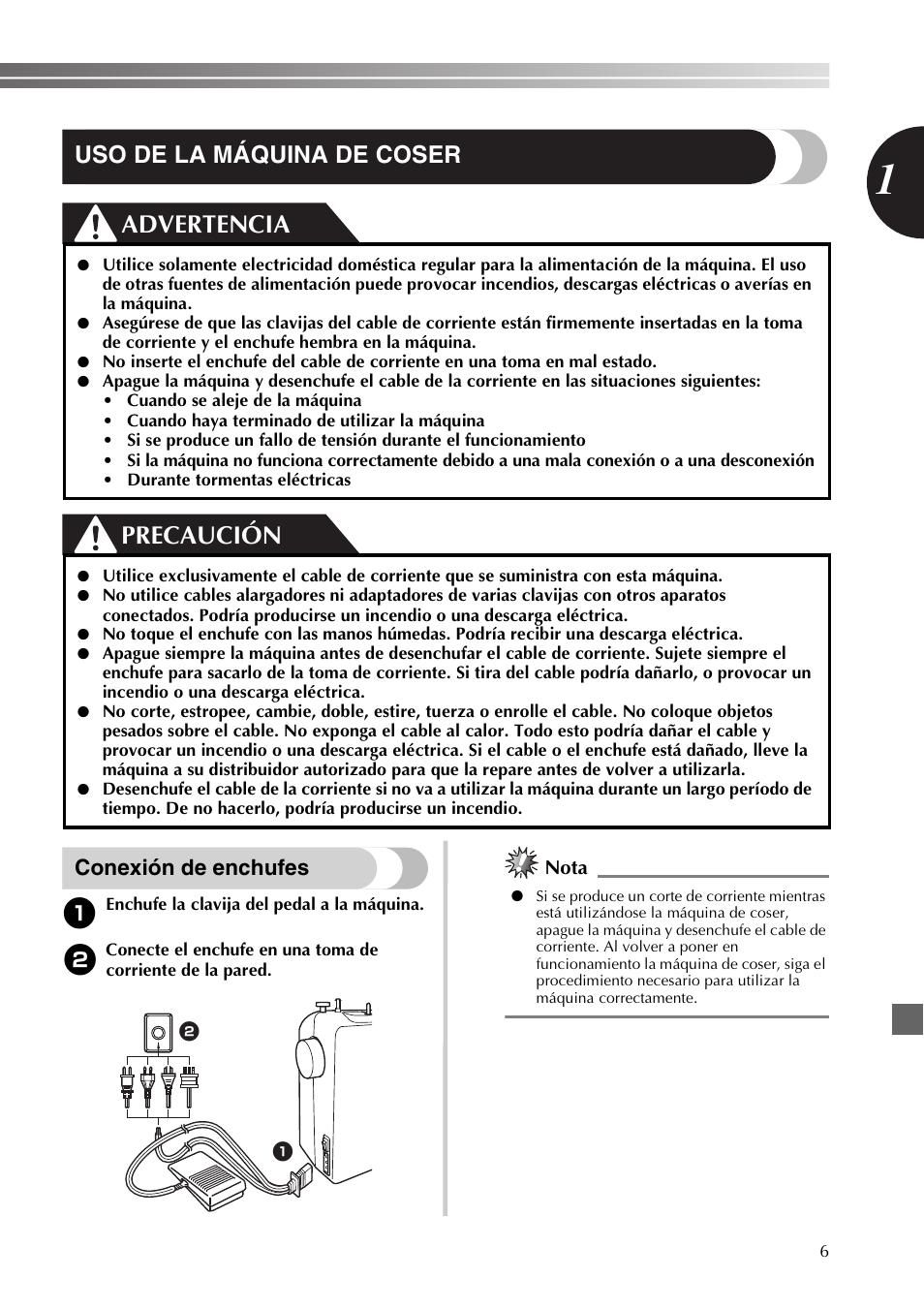 Advertencia precaución, Uso de la máquina de coser, Conexión de enchufes | Nota | Brother JX2517 User Manual | Page 47 / 80