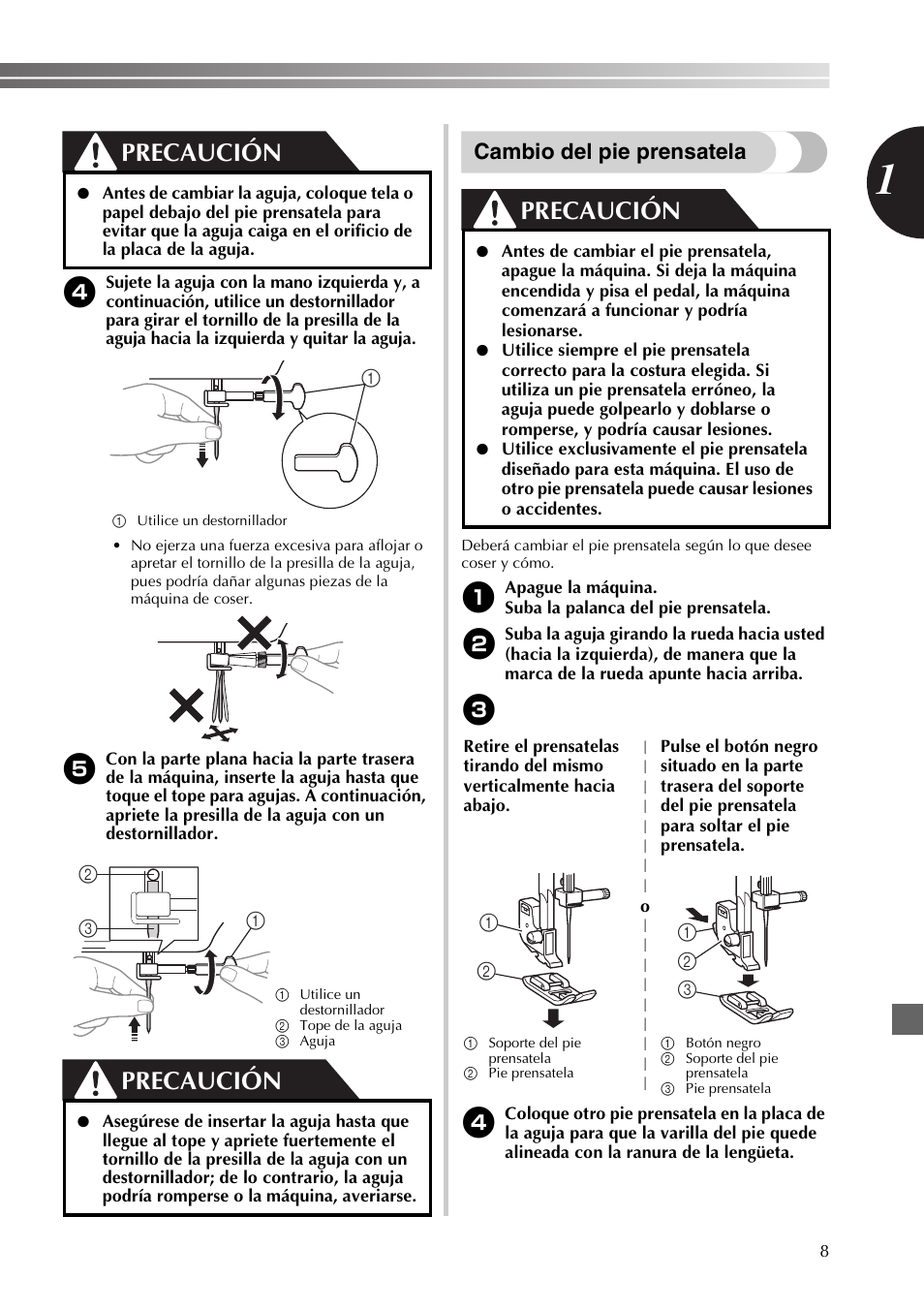 Precaución, Cambio del pie prensatela | Brother JX2517 User Manual | Page 49 / 80