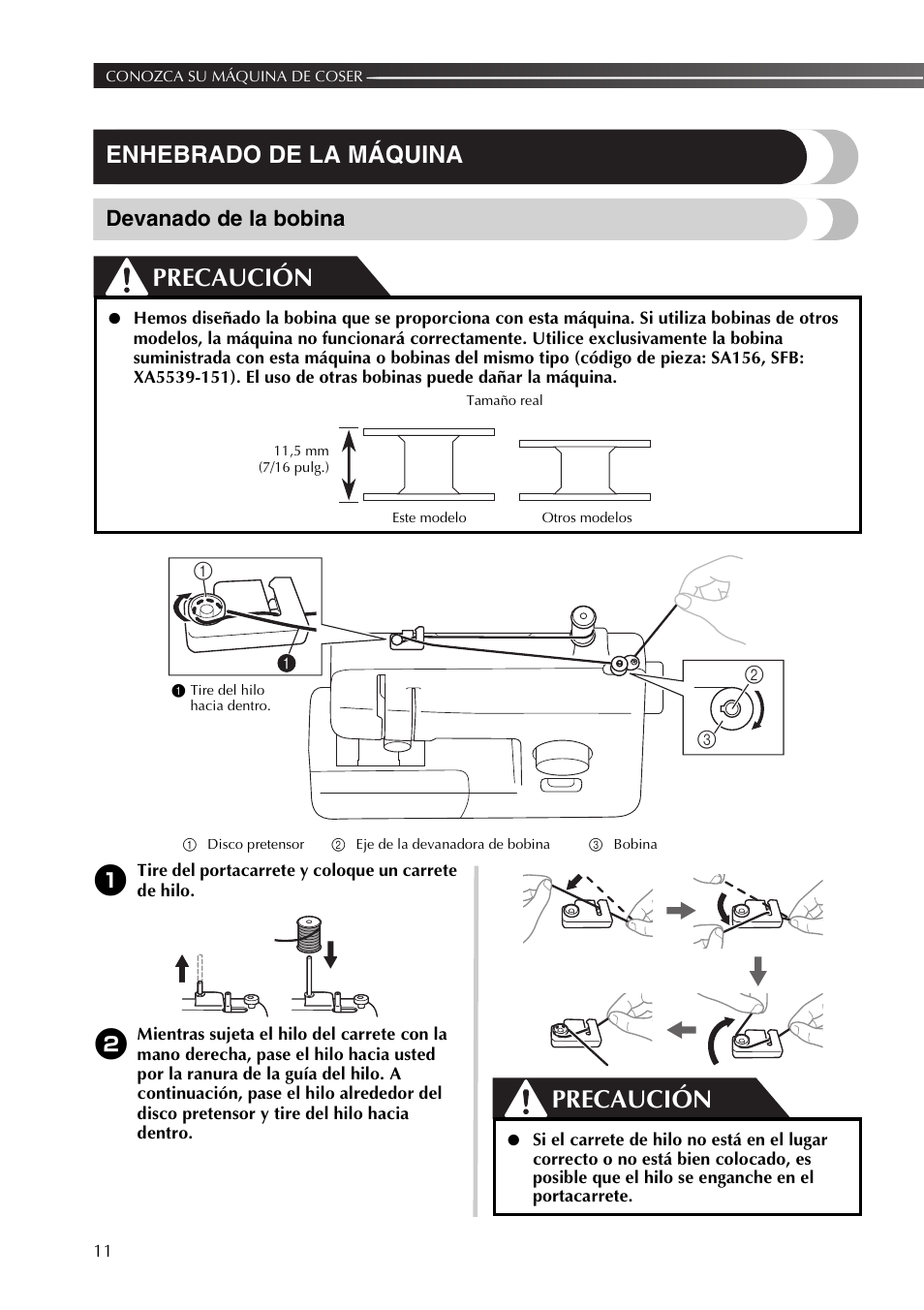 Precaución, Enhebrado de la máquina, Devanado de la bobina | Brother JX2517 User Manual | Page 52 / 80