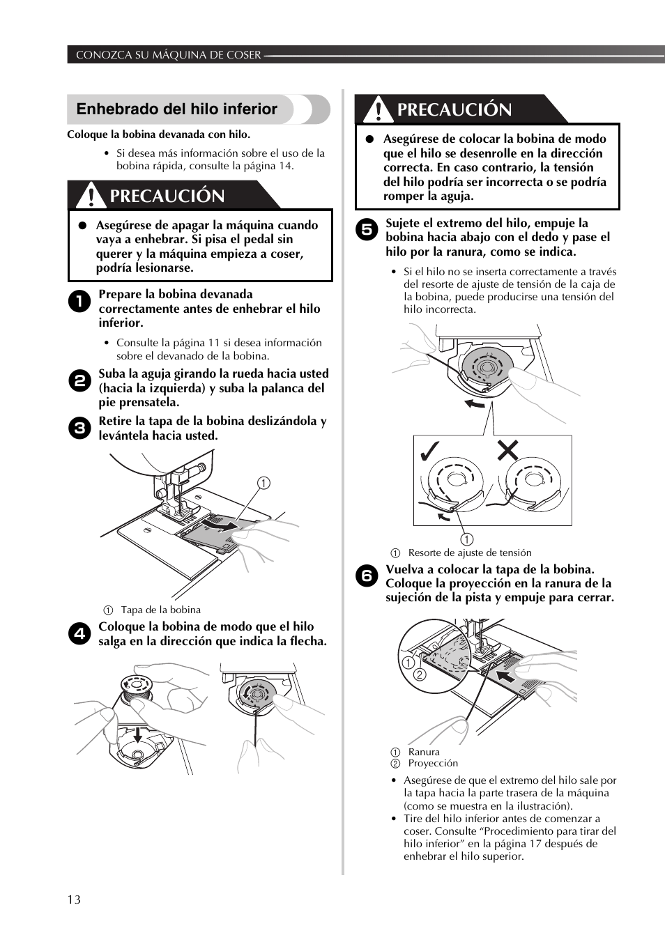 Precaución, Enhebrado del hilo inferior | Brother JX2517 User Manual | Page 54 / 80