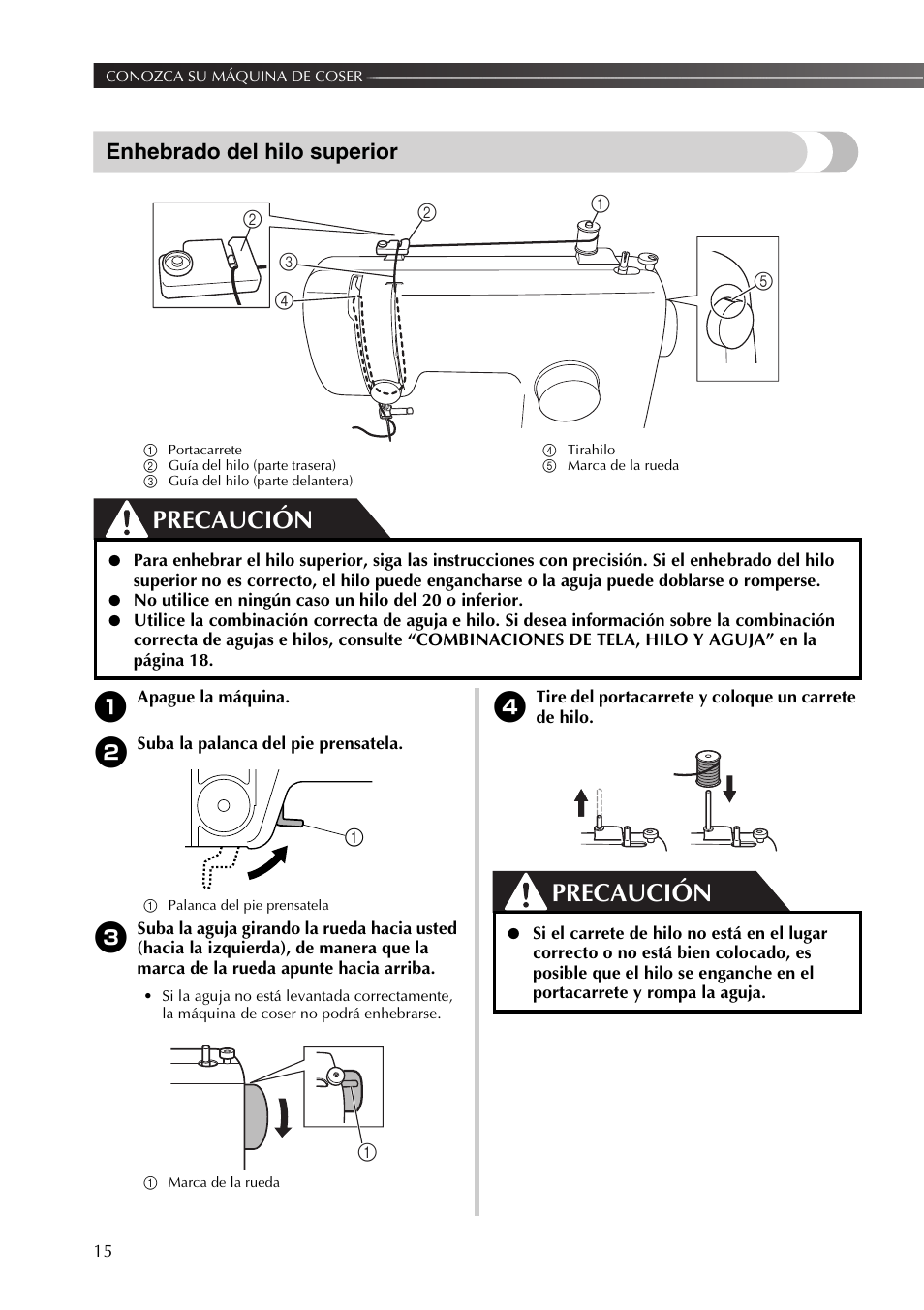 Precaución, Enhebrado del hilo superior | Brother JX2517 User Manual | Page 56 / 80