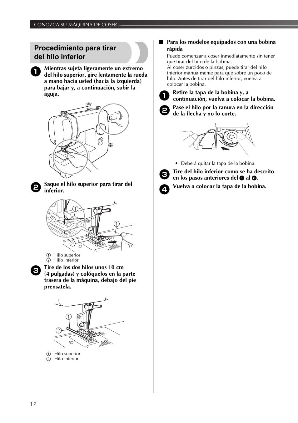 Procedimiento para tirar del hilo inferior | Brother JX2517 User Manual | Page 58 / 80