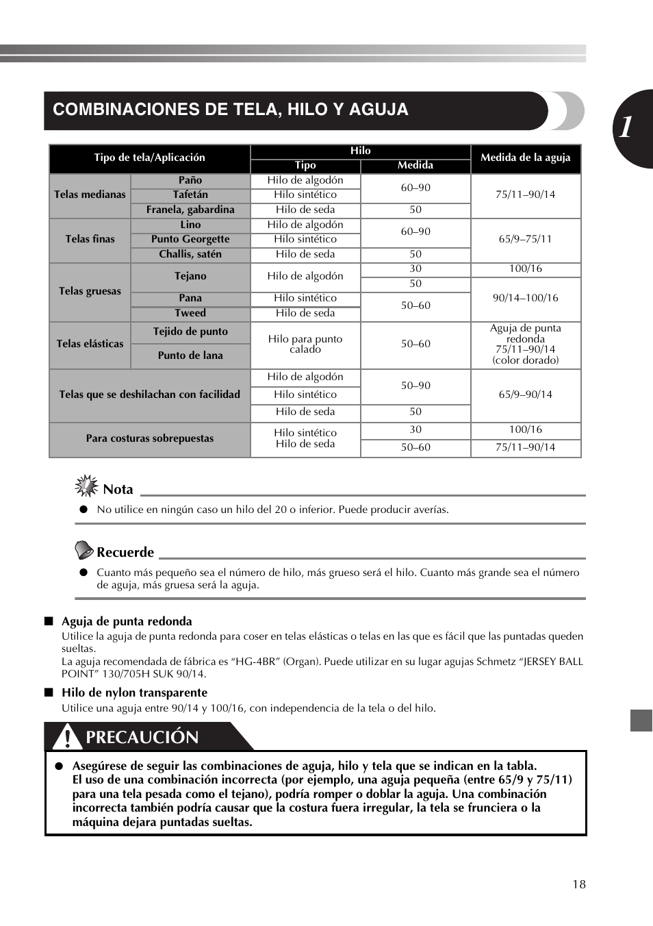 Precaución, Combinaciones de tela, hilo y aguja, Nota | Recuerde | Brother JX2517 User Manual | Page 59 / 80