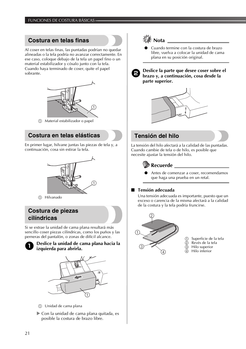 Costura en telas finas, Costura en telas elásticas, Costura de piezas cilíndricas | Tensión del hilo, Nota, Recuerde | Brother JX2517 User Manual | Page 62 / 80