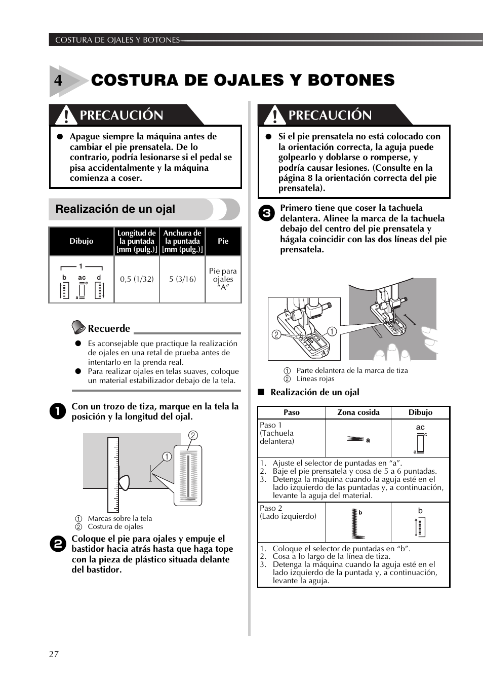 4costura de ojales y botones, Precaución, Realización de un ojal | Recuerde | Brother JX2517 User Manual | Page 68 / 80