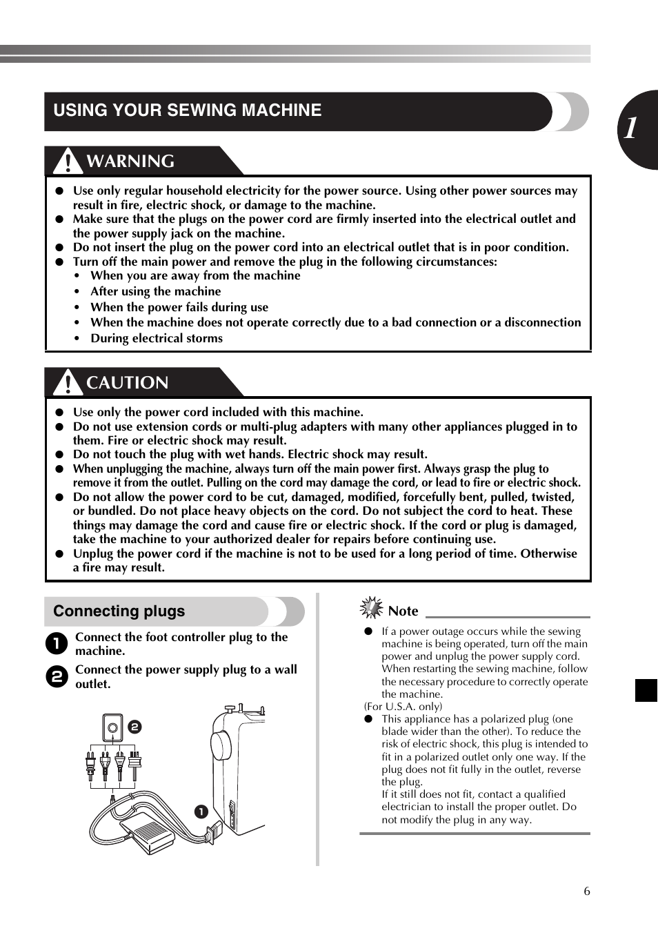 Warning caution, Using your sewing machine, Connecting plugs | Brother JX2517 User Manual | Page 7 / 80