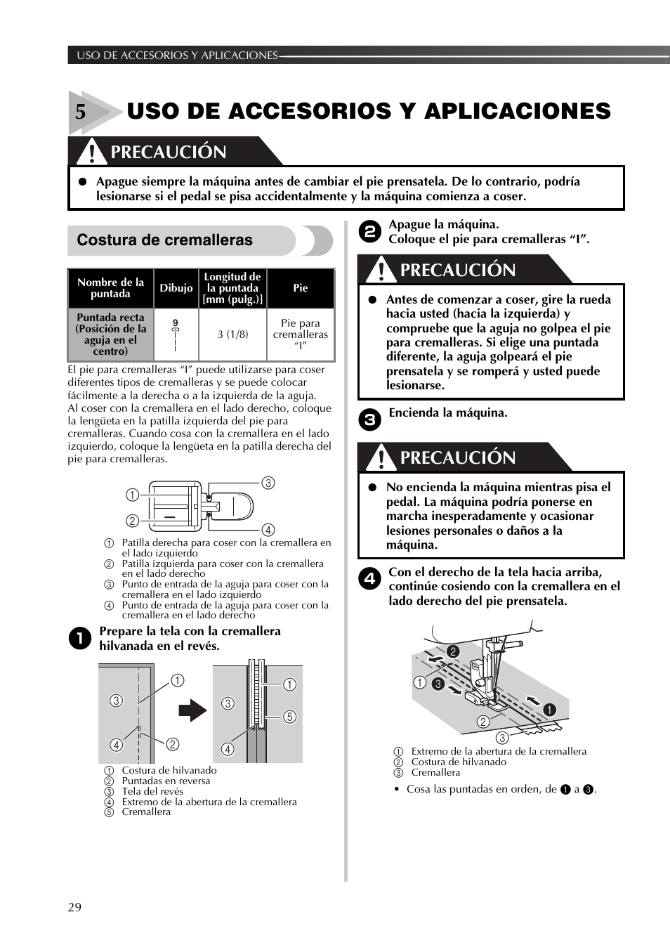5uso de accesorios y aplicaciones, Precaución, Costura de cremalleras | Brother JX2517 User Manual | Page 70 / 80