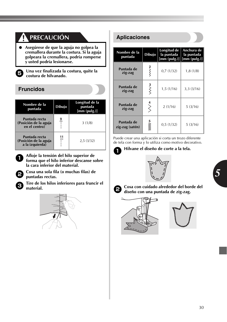 Precaución, Fruncidos, Aplicaciones | Brother JX2517 User Manual | Page 71 / 80