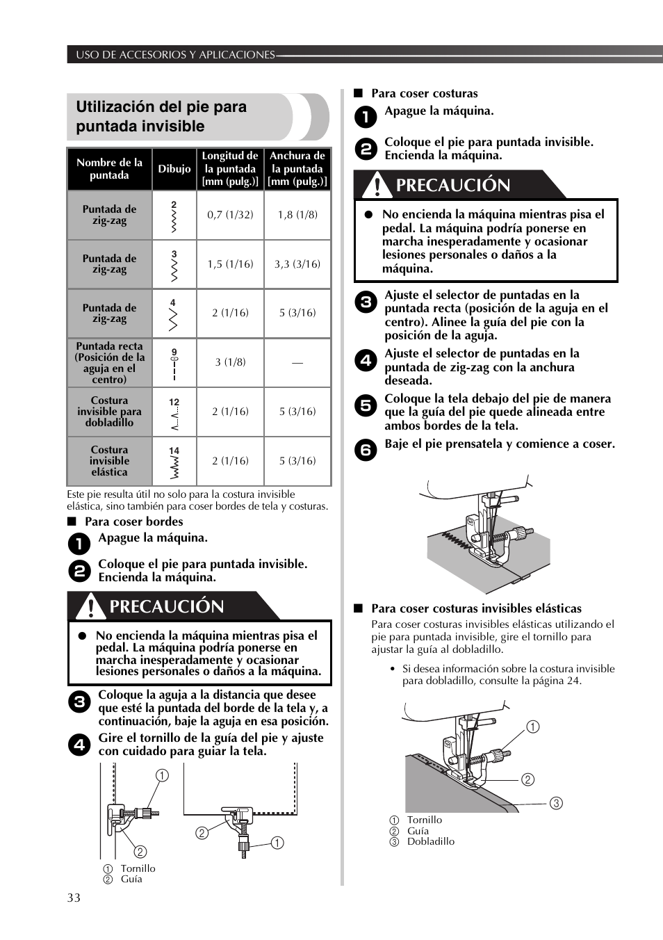 Precaución, Utilización del pie para puntada invisible | Brother JX2517 User Manual | Page 74 / 80