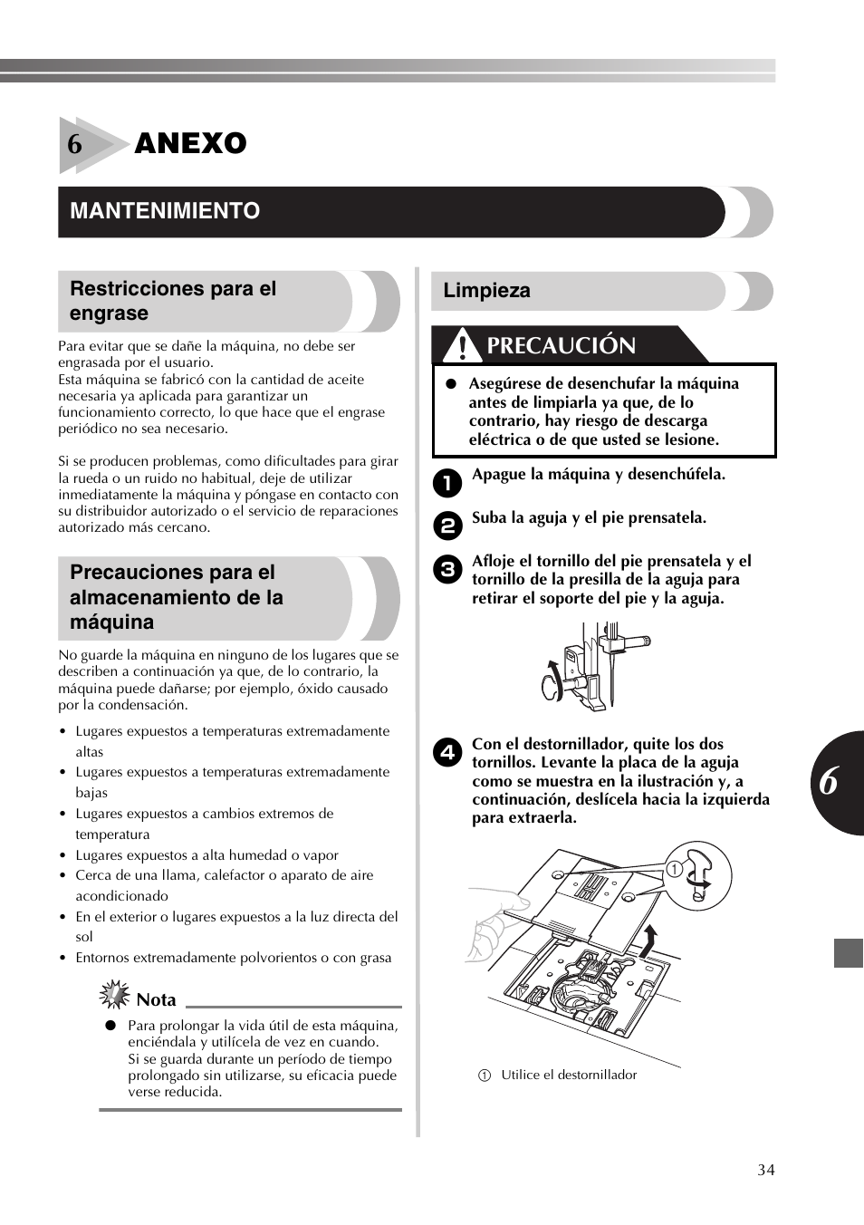 6anexo, Precaución, Mantenimiento | Restricciones para el engrase, Precauciones para el almacenamiento de la máquina, Limpieza, Nota | Brother JX2517 User Manual | Page 75 / 80