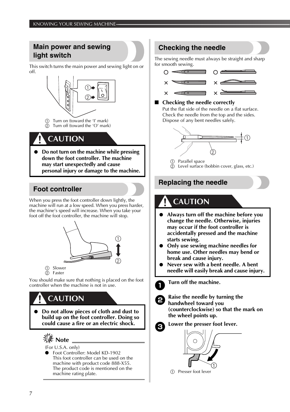 Caution, Main power and sewing light switch, Foot controller | Checking the needle, Replacing the needle | Brother JX2517 User Manual | Page 8 / 80
