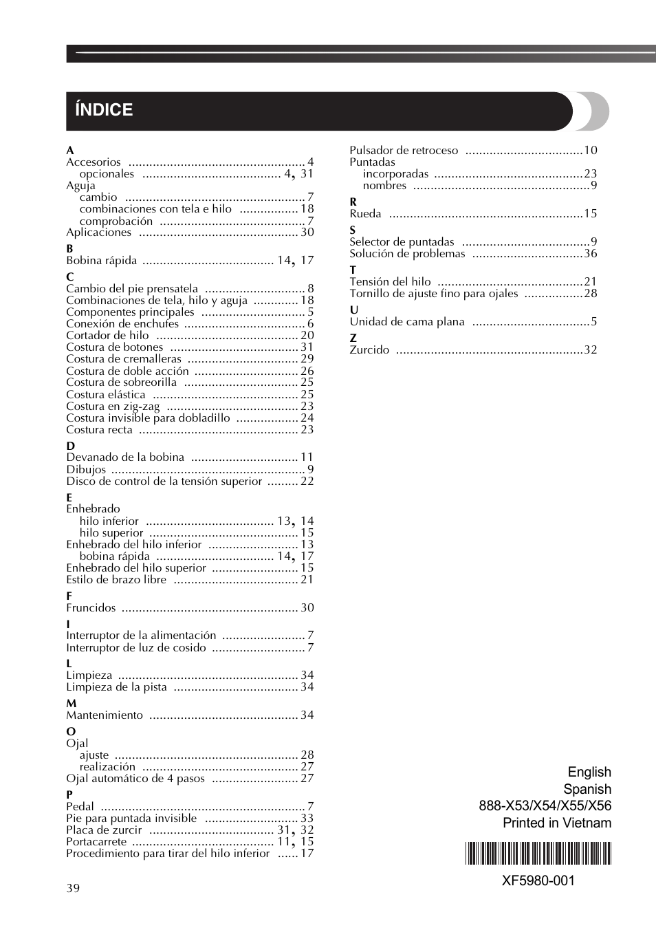 Índice | Brother JX2517 User Manual | Page 80 / 80