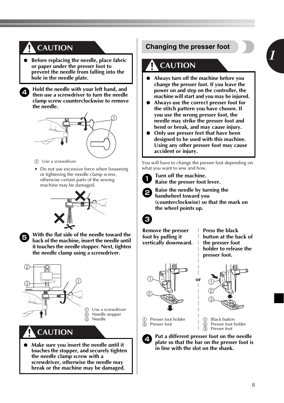 Caution, Changing the presser foot | Brother JX2517 User Manual | Page 9 / 80