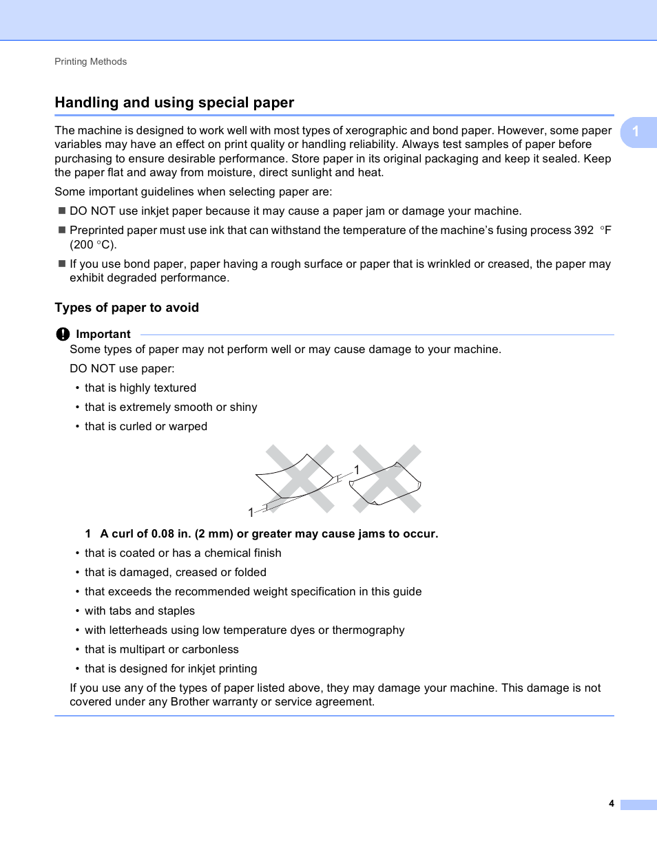 Handling and using special paper, Types of paper to avoid, 1handling and using special paper | Brother HL-5440D User Manual | Page 10 / 168