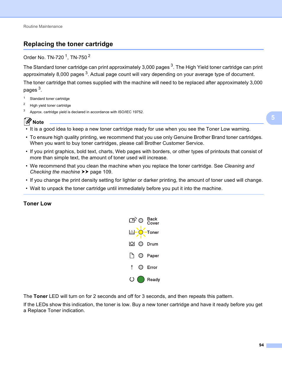 Replacing the toner cartridge, Toner low, 5replacing the toner cartridge | Brother HL-5440D User Manual | Page 100 / 168