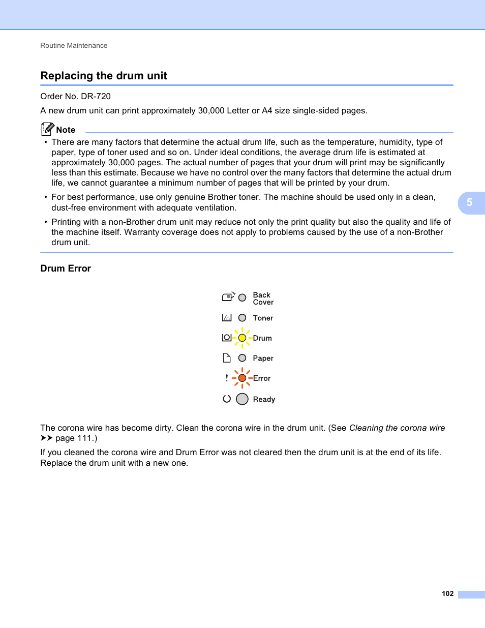 Replacing the drum unit, Drum error, 5replacing the drum unit | Brother HL-5440D User Manual | Page 108 / 168