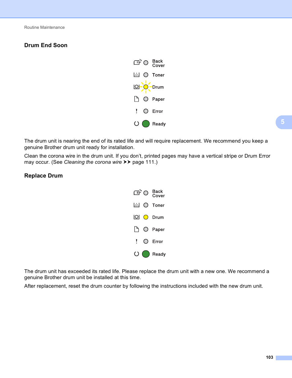 Drum end soon, Replace drum | Brother HL-5440D User Manual | Page 109 / 168