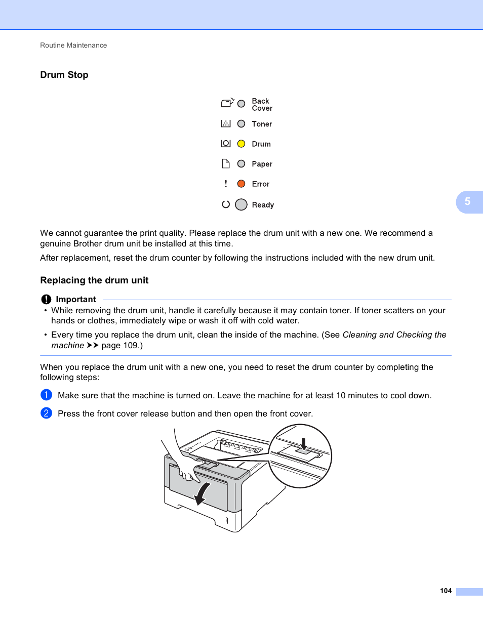 Drum stop, Replacing the drum unit | Brother HL-5440D User Manual | Page 110 / 168