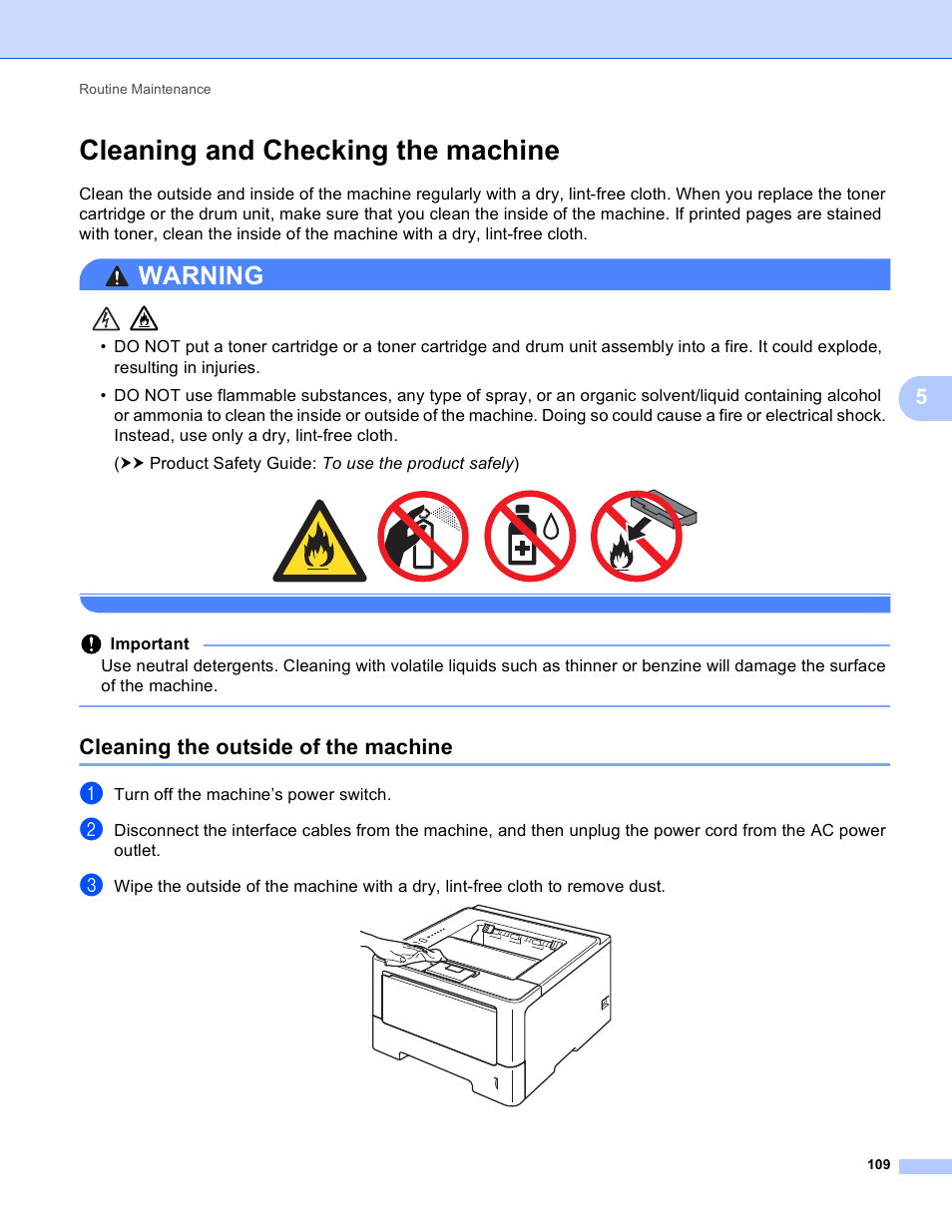 Cleaning and checking the machine, Cleaning the outside of the machine, Cleaning and | Warning | Brother HL-5440D User Manual | Page 115 / 168