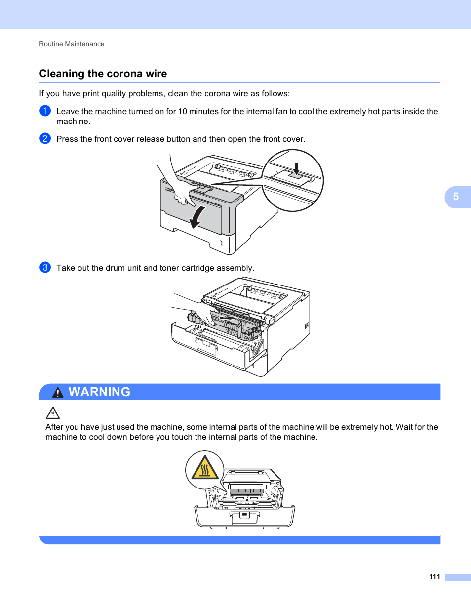 Cleaning the corona wire, E cleaning the corona wire uu, Warning | 5cleaning the corona wire | Brother HL-5440D User Manual | Page 117 / 168