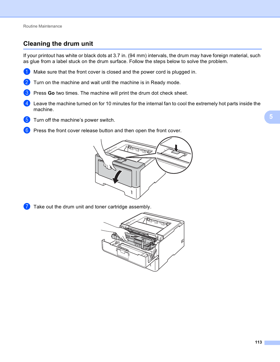 Cleaning the drum unit, 5cleaning the drum unit | Brother HL-5440D User Manual | Page 119 / 168