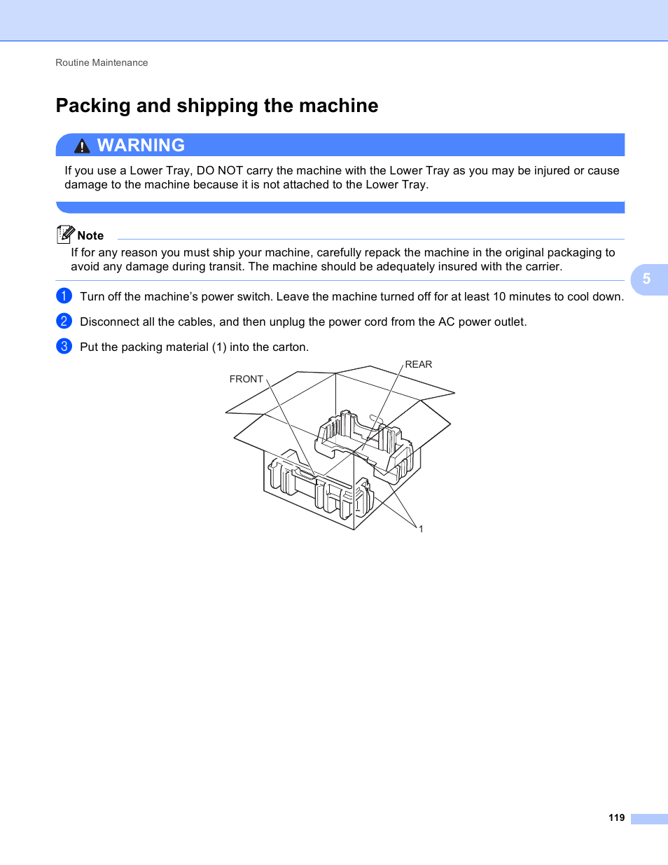 Packing and shipping the machine, Warning | Brother HL-5440D User Manual | Page 125 / 168