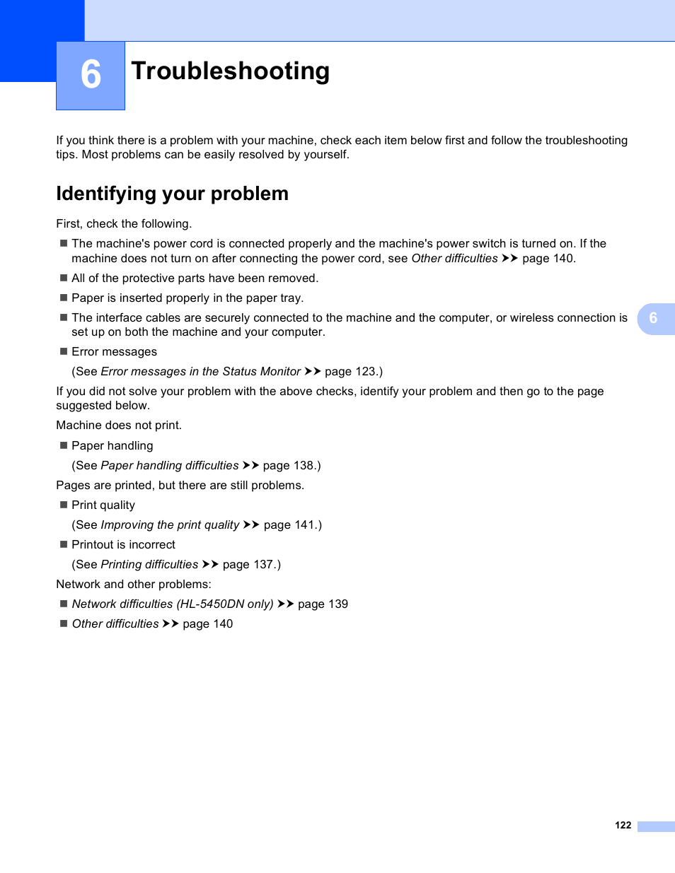 6 troubleshooting, Identifying your problem, Troubleshooting | Brother HL-5440D User Manual | Page 128 / 168