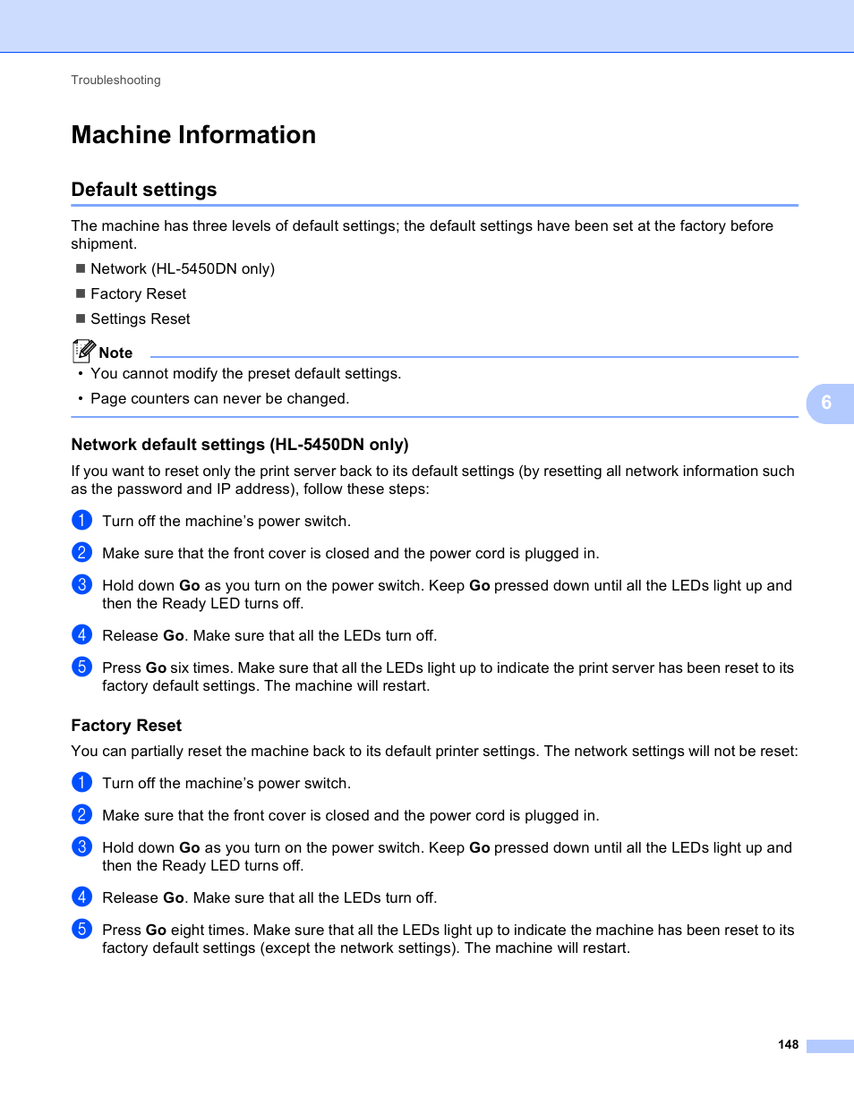 Machine information, Default settings, Network default settings (hl-5450dn only) | Factory reset | Brother HL-5440D User Manual | Page 154 / 168