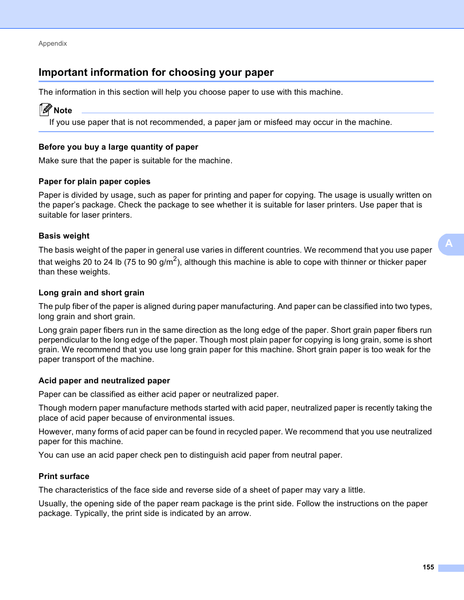 Important information for choosing your paper, Important information for choosing your paper uu, Aimportant information for choosing your paper | Before you buy a large quantity of paper | Brother HL-5440D User Manual | Page 161 / 168