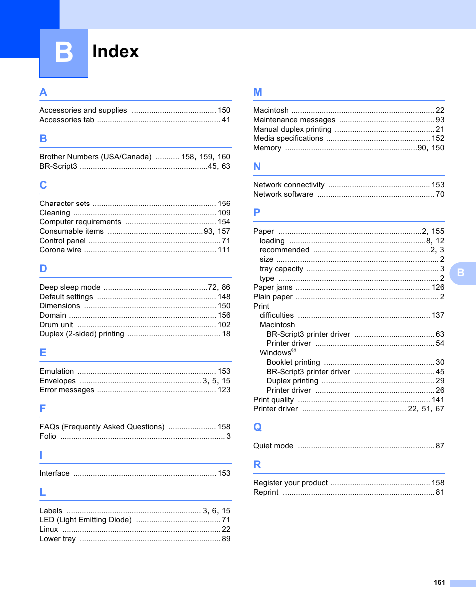 Index | Brother HL-5440D User Manual | Page 167 / 168