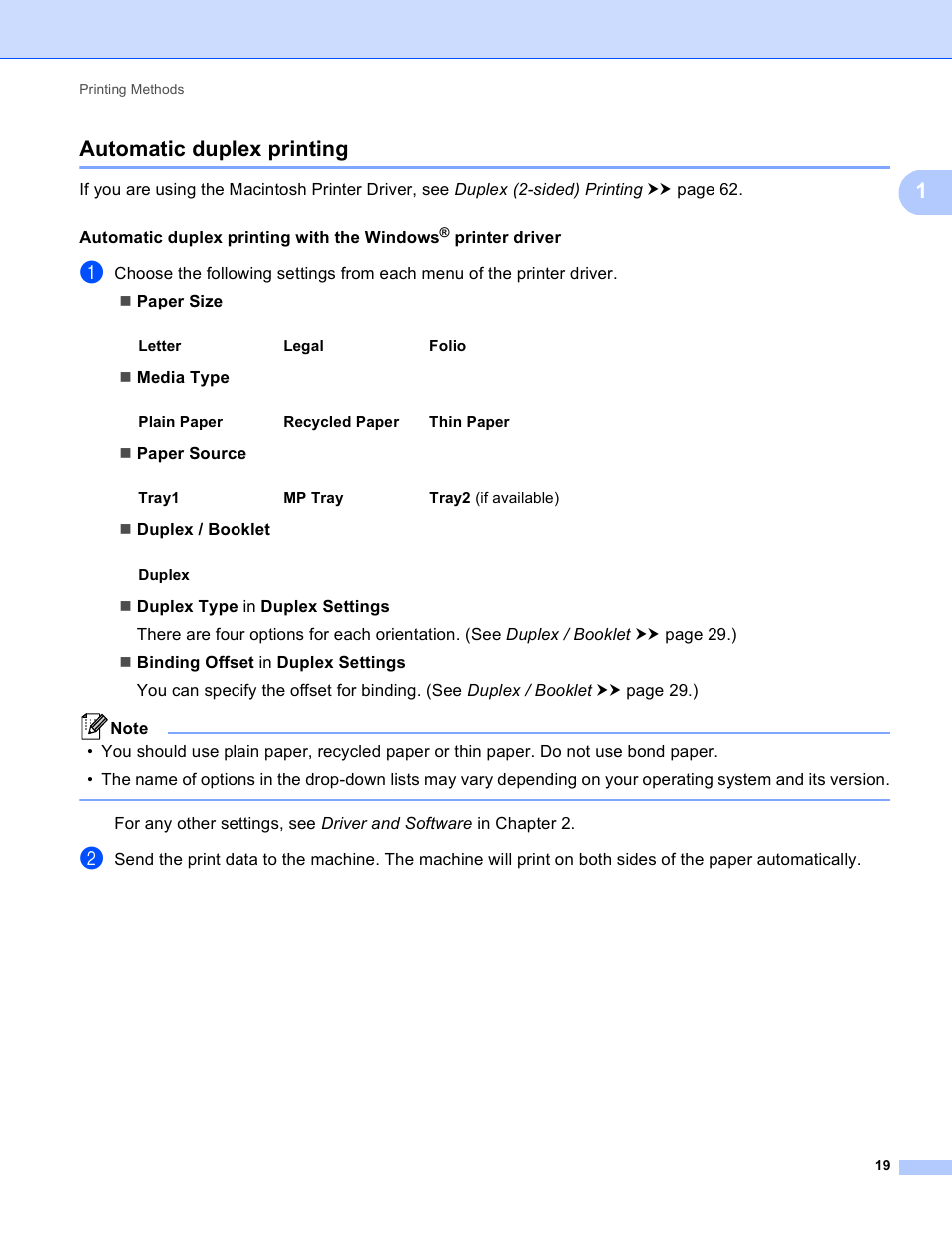 Automatic duplex printing, 1automatic duplex printing | Brother HL-5440D User Manual | Page 25 / 168