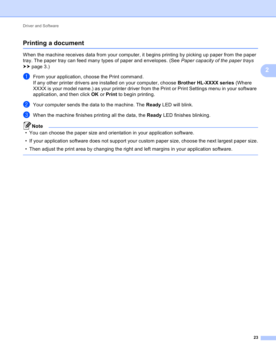 Printing a document, 2printing a document | Brother HL-5440D User Manual | Page 29 / 168