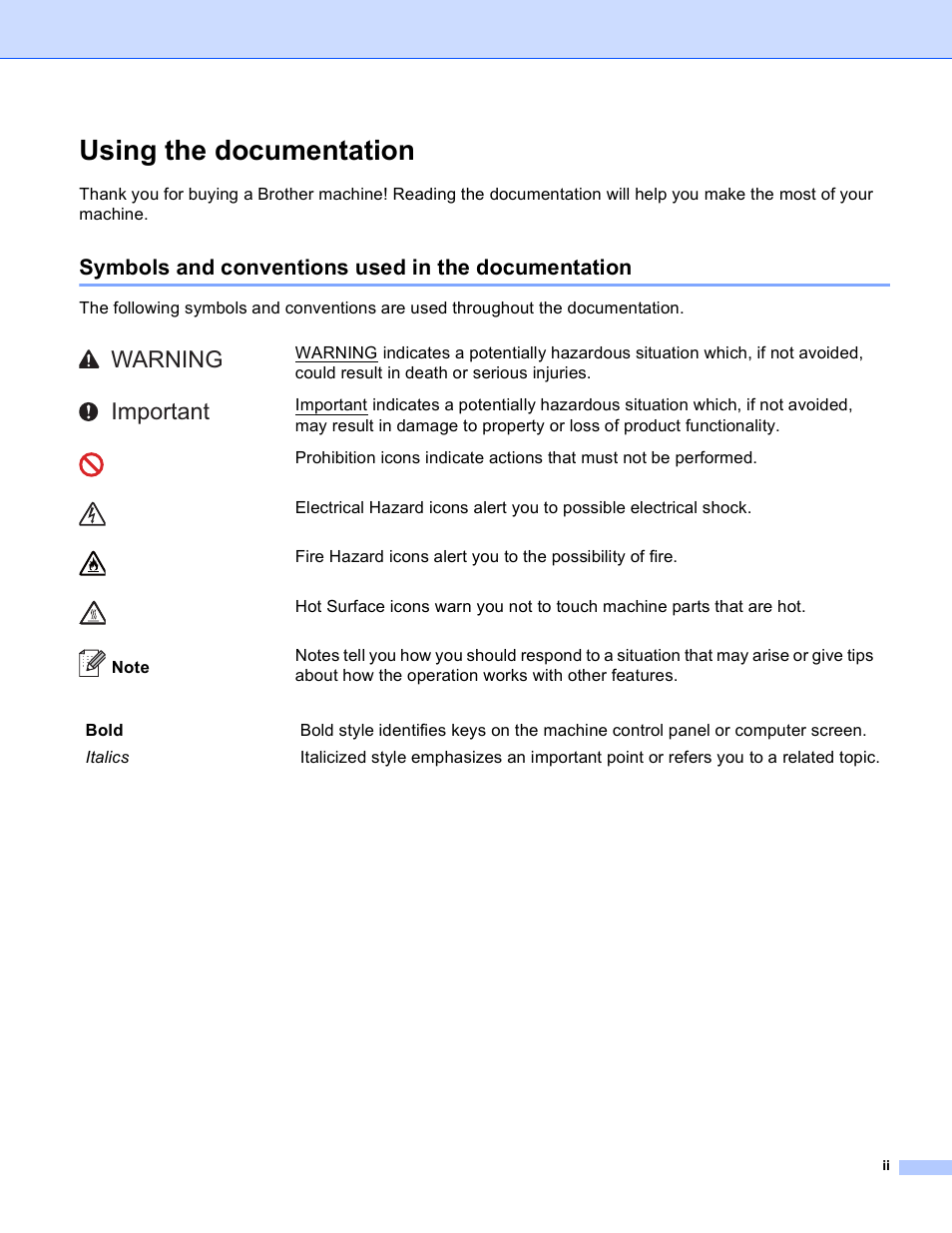 Using the documentation, Symbols and conventions used in the documentation, Warning important | Brother HL-5440D User Manual | Page 3 / 168