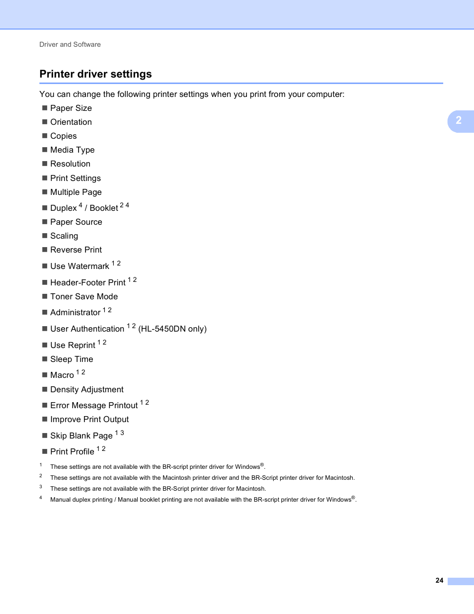 Printer driver settings, 2printer driver settings | Brother HL-5440D User Manual | Page 30 / 168