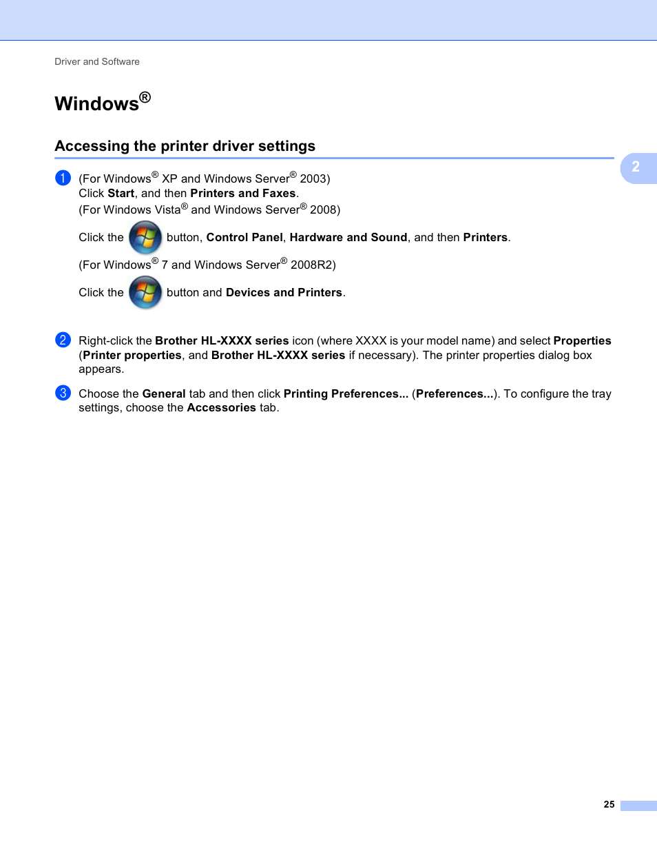 Windows, Accessing the printer driver settings | Brother HL-5440D User Manual | Page 31 / 168