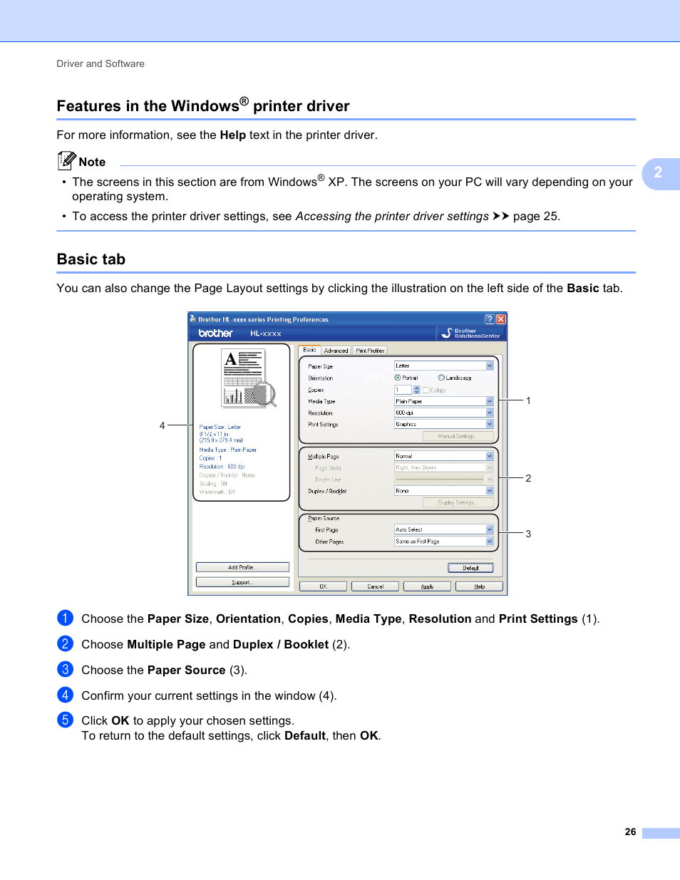 Features in the windows® printer driver, Basic tab, Features in the windows | Printer driver, 2features in the windows | Brother HL-5440D User Manual | Page 32 / 168