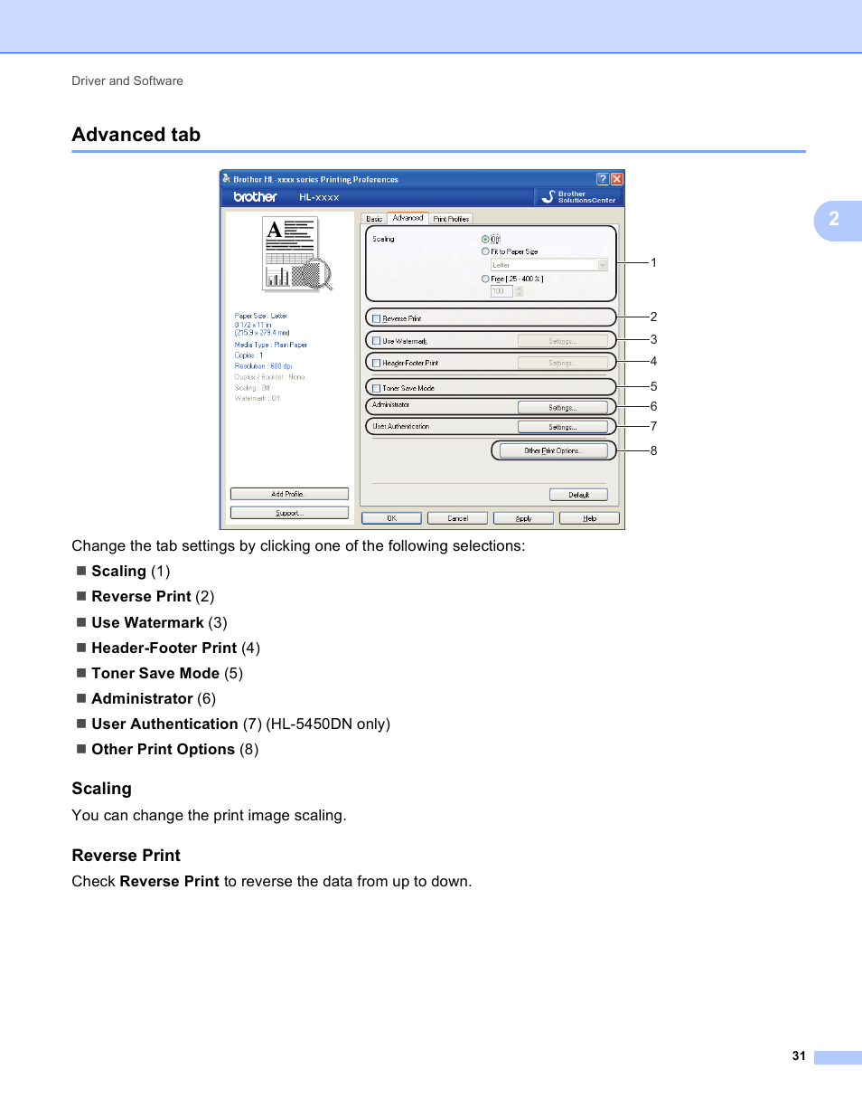 Advanced tab, Scaling, Reverse print | 2advanced tab | Brother HL-5440D User Manual | Page 37 / 168