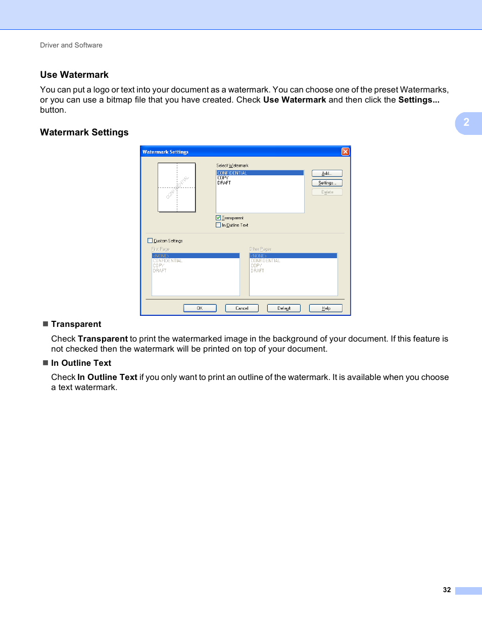 Use watermark, Watermark settings | Brother HL-5440D User Manual | Page 38 / 168