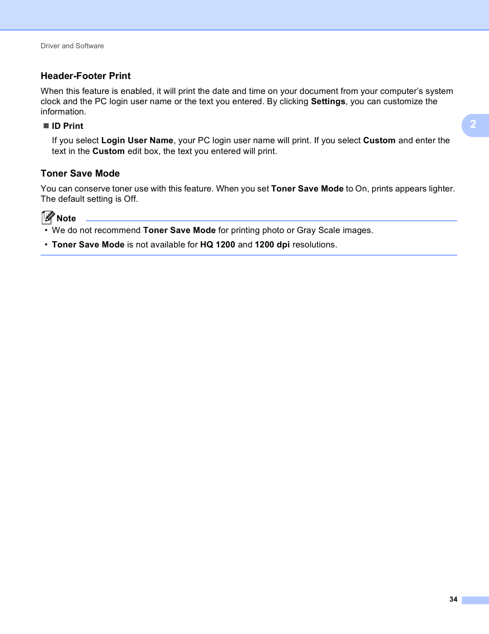 Header-footer print, Toner save mode | Brother HL-5440D User Manual | Page 40 / 168