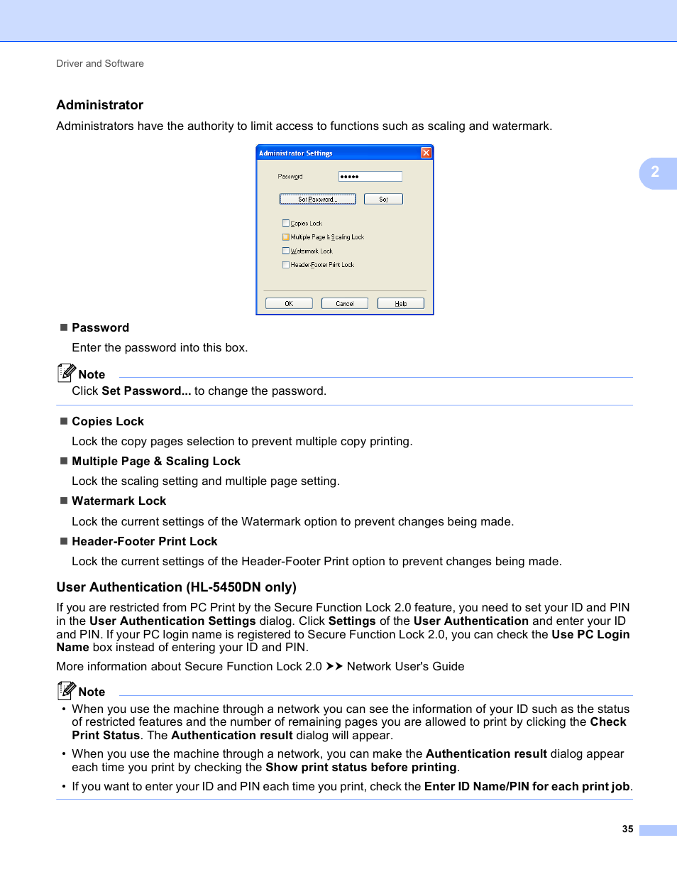 Administrator, User authentication (hl-5450dn only) | Brother HL-5440D User Manual | Page 41 / 168