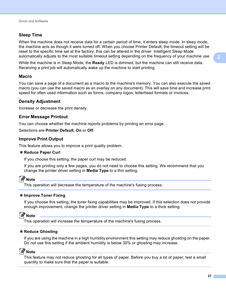 Sleep time, Macro, Density adjustment | Error message printout, Improve print output | Brother HL-5440D User Manual | Page 43 / 168