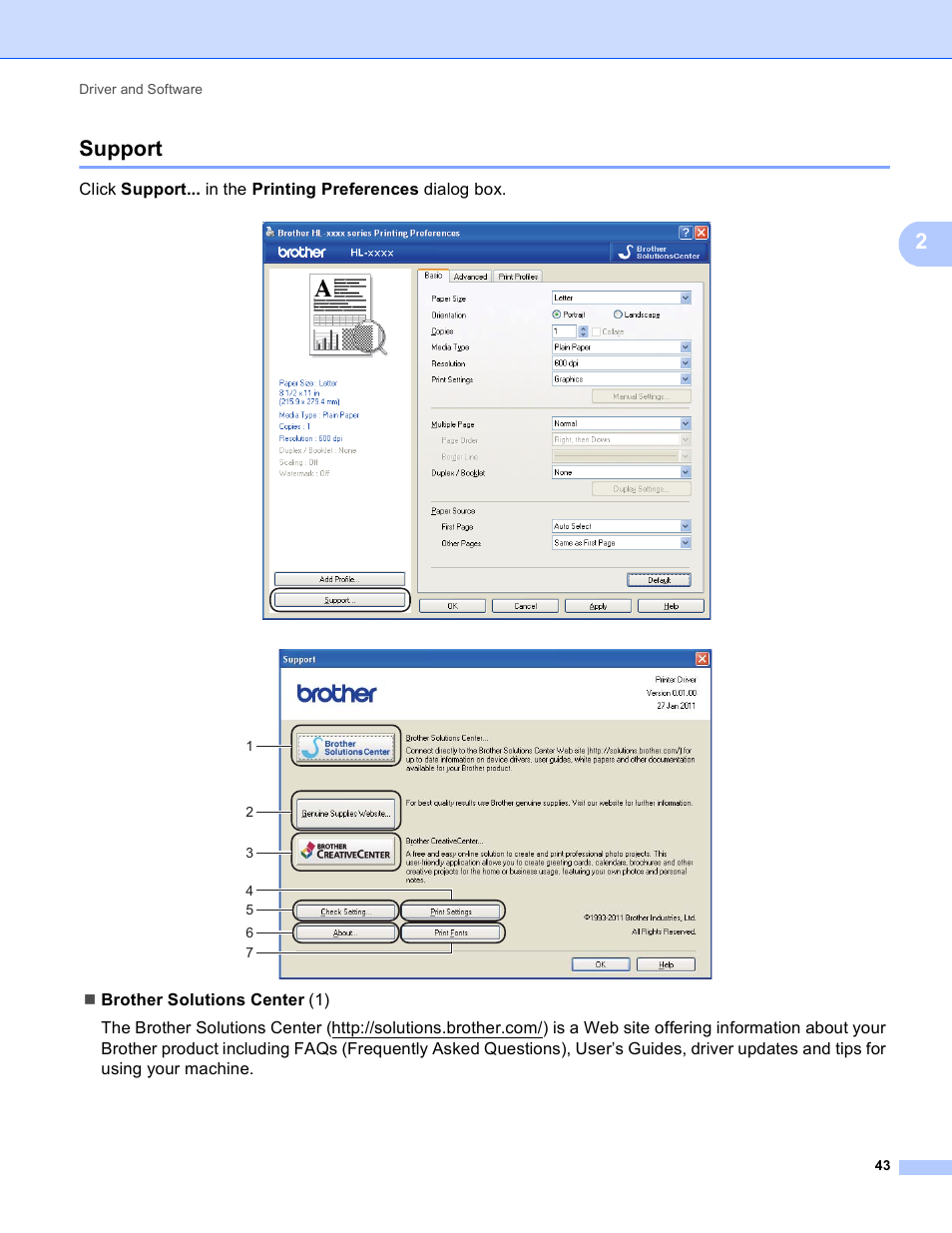 Support, 2support | Brother HL-5440D User Manual | Page 49 / 168